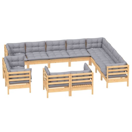 vidaXL 12-tlg. Garten-Lounge-Set mit Grauen Kissen Massivholz Kiefer