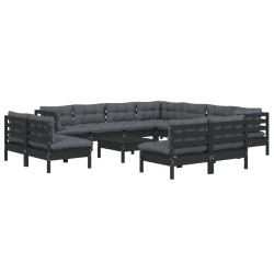 vidaXL 12-tlg. Garten-Lounge-Set mit Kissen Schwarz Massivholz Kiefer