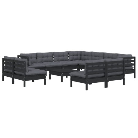 vidaXL 12-tlg. Garten-Lounge-Set mit Kissen Schwarz Massivholz Kiefer