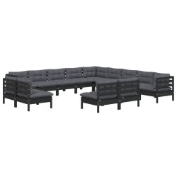 vidaXL 13-tlg. Garten-Lounge-Set mit Kissen Schwarz Massivholz Kiefer
