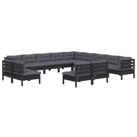 vidaXL 13-tlg. Garten-Lounge-Set mit Kissen Schwarz Massivholz Kiefer