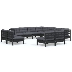 vidaXL 11-tlg. Garten-Lounge-Set mit Kissen Schwarz Massivholz Kiefer