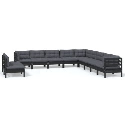 vidaXL 11-tlg. Garten-Lounge-Set mit Kissen Schwarz Massivholz Kiefer
