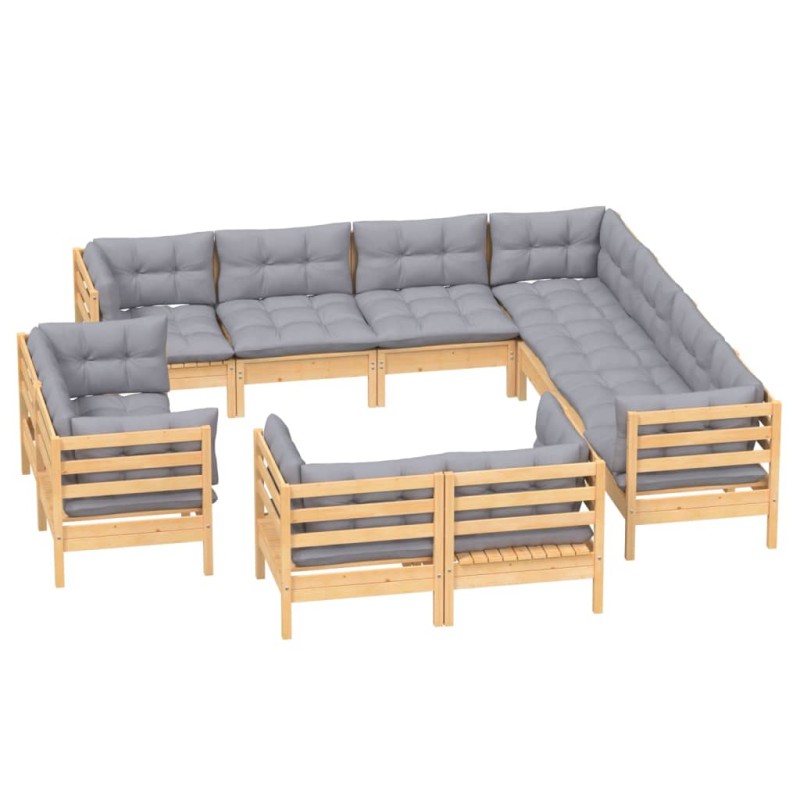 vidaXL 11-tlg. Garten-Lounge-Set mit Grauen Kissen Massivholz Kiefer vidaXL 11-tlg. Garten-Lounge-Set mit Grauen Kissen Massivholz Kiefer