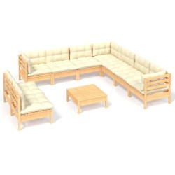 vidaXL 10-tlg. Garten-Lounge-Set mit Creme Kissen Massivholz Kiefer