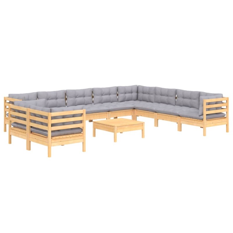 vidaXL 11-tlg. Garten-Lounge-Set mit Grauen Kissen Massivholz Kiefer vidaXL 11-tlg. Garten-Lounge-Set mit Grauen Kissen Massivholz Kiefer
