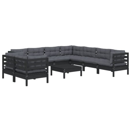 vidaXL 10-tlg. Garten-Lounge-Set mit Kissen Schwarz Massivholz Kiefer