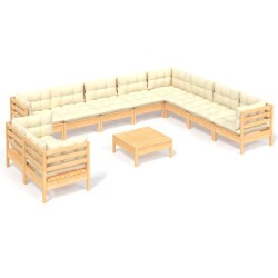 vidaXL 11-tlg. Garten-Lounge-Set mit Creme Kissen Massivholz Kiefer