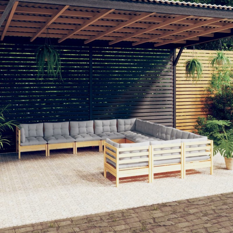vidaXL 11-tlg. Garten-Lounge-Set mit Grauen Kissen Kiefernholz vidaXL 11-tlg. Garten-Lounge-Set mit Grauen Kissen Kiefernholz