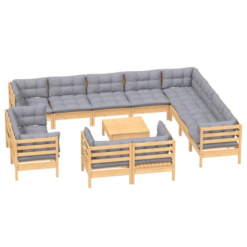 vidaXL 13-tlg. Garten-Lounge-Set mit Grauen Kissen Massivholz Kiefer vidaXL 13-tlg. Garten-Lounge-Set mit Grauen Kissen Massivholz Kiefer