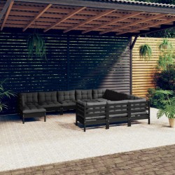 vidaXL 11-tlg. Garten-Lounge-Set mit Kissen Schwarz Kiefernholz
