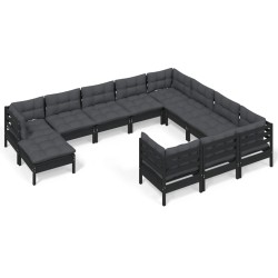 vidaXL 11-tlg. Garten-Lounge-Set mit Kissen Schwarz Kiefernholz