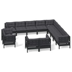vidaXL 13-tlg. Garten-Lounge-Set mit Kissen Schwarz Massivholz Kiefer