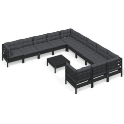 vidaXL 12-tlg. Garten-Lounge-Set mit Kissen Schwarz Kiefernholz