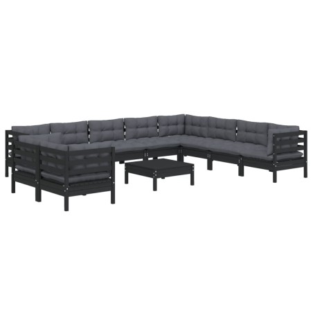 vidaXL 11-tlg. Garten-Lounge-Set mit Kissen Schwarz Massivholz Kiefer