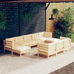 vidaXL 10-tlg. Garten-Lounge-Set mit Creme Kissen Massivholz Kiefer