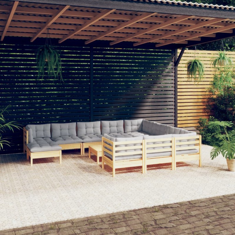 vidaXL 12-tlg. Garten-Lounge-Set mit Grauen Kissen Kiefernholz vidaXL 12-tlg. Garten-Lounge-Set mit Grauen Kissen Kiefernholz