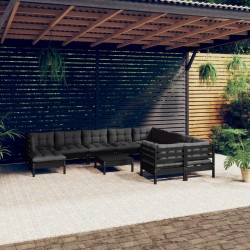 vidaXL 11-tlg. Garten-Lounge-Set mit Kissen Schwarz Kiefernholz