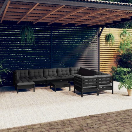 vidaXL 11-tlg. Garten-Lounge-Set mit Kissen Schwarz Kiefernholz