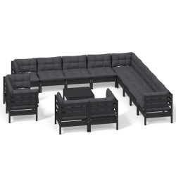 vidaXL 14-tlg. Garten-Lounge-Set mit Kissen Schwarz Massivholz Kiefer