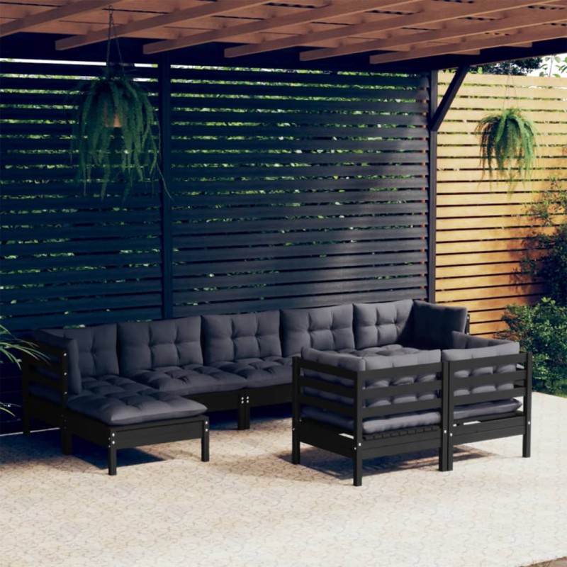 vidaXL 9-tlg. Garten-Lounge-Set mit Kissen Schwarz Kiefer Massivholz vidaXL 9-tlg. Garten-Lounge-Set mit Kissen Schwarz Kiefer Massivholz