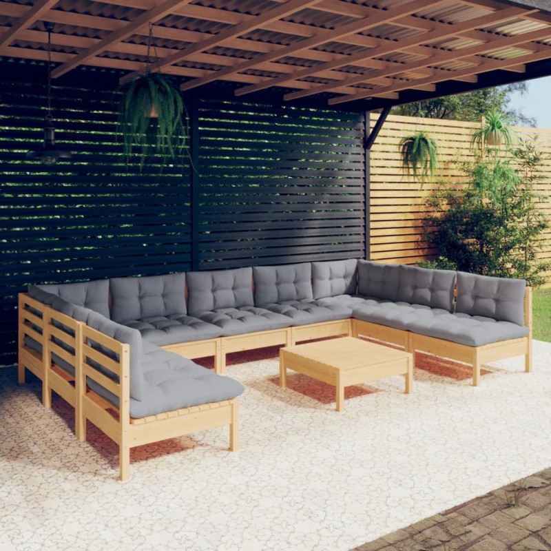 vidaXL 10-tlg. Garten-Lounge-Set mit Grauen Kissen Kiefer Massivholz vidaXL 10-tlg. Garten-Lounge-Set mit Grauen Kissen Kiefer Massivholz