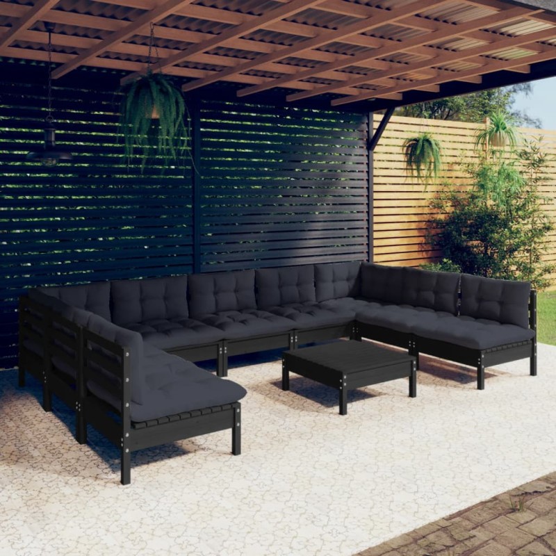 vidaXL 10-tlg. Garten-Lounge-Set mit Kissen Schwarz Massivholz Kiefer vidaXL 10-tlg. Garten-Lounge-Set mit Kissen Schwarz Massivholz Kiefer