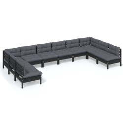 vidaXL 10-tlg. Garten-Lounge-Set mit Kissen Schwarz Kiefer Massivholz