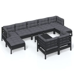 vidaXL 10-tlg. Garten-Lounge-Set mit Kissen Schwarz Kiefer Massivholz
