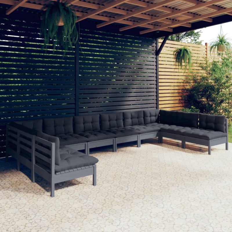 vidaXL 10-tlg. Garten-Lounge-Set mit Kissen Grau Kiefer Massivholz vidaXL 10-tlg. Garten-Lounge-Set mit Kissen Grau Kiefer Massivholz