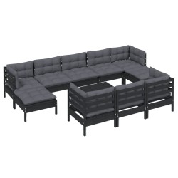 vidaXL 11-tlg. Garten-Lounge-Set mit Kissen Schwarz Kiefer Massivholz
