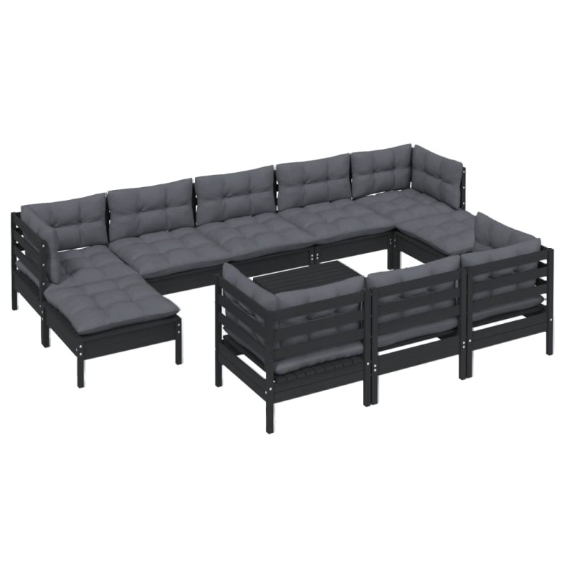vidaXL 11-tlg. Garten-Lounge-Set mit Kissen Schwarz Kiefer Massivholz vidaXL 11-tlg. Garten-Lounge-Set mit Kissen Schwarz Kiefer Massivholz