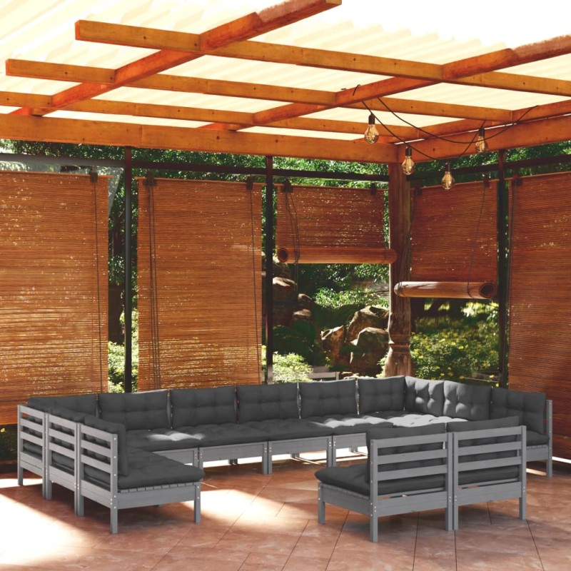 vidaXL 12-tlg. Garten-Lounge-Set mit Kissen Grau Kiefer Massivholz vidaXL 12-tlg. Garten-Lounge-Set mit Kissen Grau Kiefer Massivholz
