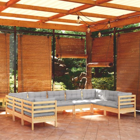 vidaXL 9-tlg. Garten-Lounge-Set mit Grauen Kissen Kiefernholz