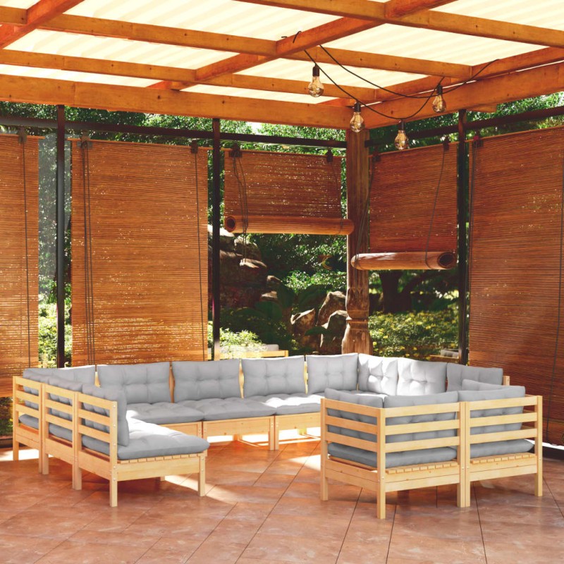vidaXL 11-tlg. Garten-Lounge-Set mit Grauen Kissen Kiefer Massivholz vidaXL 11-tlg. Garten-Lounge-Set mit Grauen Kissen Kiefer Massivholz