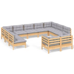 vidaXL 11-tlg. Garten-Lounge-Set mit Grauen Kissen Kiefer Massivholz