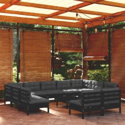 vidaXL 12-tlg. Garten-Lounge-Set mit Kissen Schwarz Massivholz Kiefer