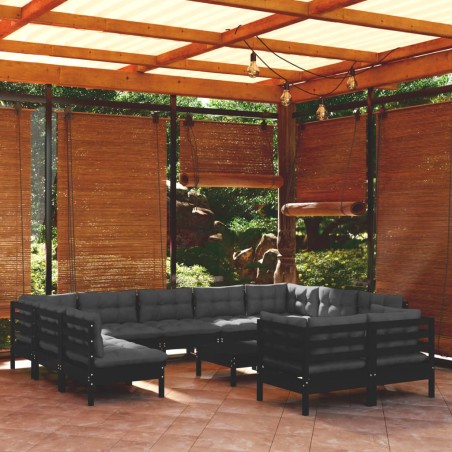vidaXL 12-tlg. Garten-Lounge-Set mit Kissen Schwarz Massivholz Kiefer
