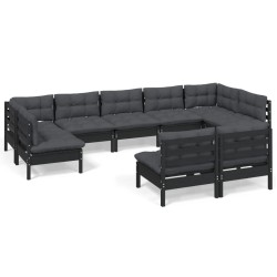vidaXL 9-tlg. Garten-Lounge-Set mit Kissen Schwarz Massivholz Kiefer