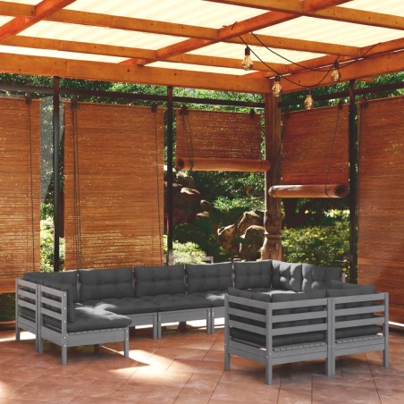 vidaXL 9-tlg. Garten-Lounge-Set mit Kissen Grau Kiefer Massivholz