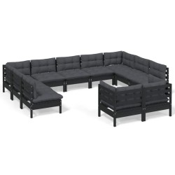 vidaXL 11-tlg. Garten-Lounge-Set mit Kissen Schwarz Massivholz Kiefer