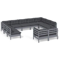 vidaXL 11-tlg. Garten-Lounge-Set mit Kissen Grau Kiefer Massivholz