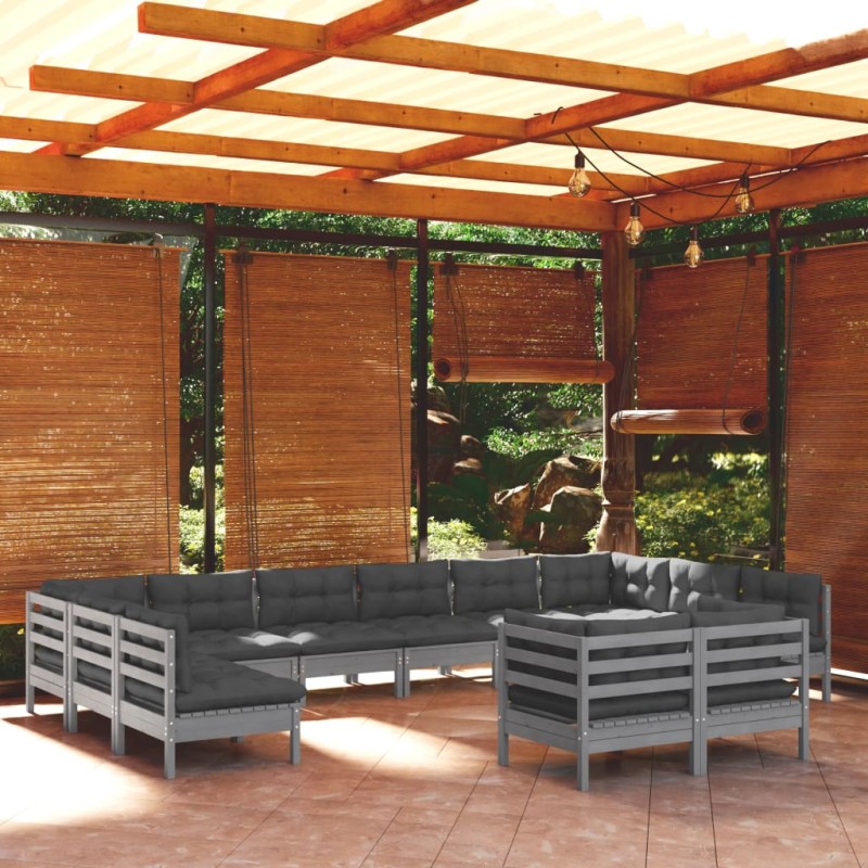vidaXL 12-tlg. Garten-Lounge-Set mit Kissen Grau Kiefer Massivholz vidaXL 12-tlg. Garten-Lounge-Set mit Kissen Grau Kiefer Massivholz