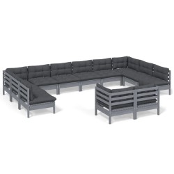 vidaXL 12-tlg. Garten-Lounge-Set mit Kissen Grau Kiefer Massivholz