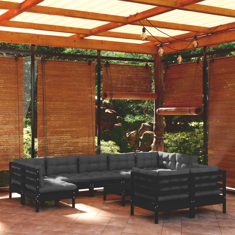 vidaXL 10-tlg. Garten-Lounge-Set mit Kissen Schwarz Massivholz Kiefer vidaXL 10-tlg. Garten-Lounge-Set mit Kissen Schwarz Massivholz Kiefer