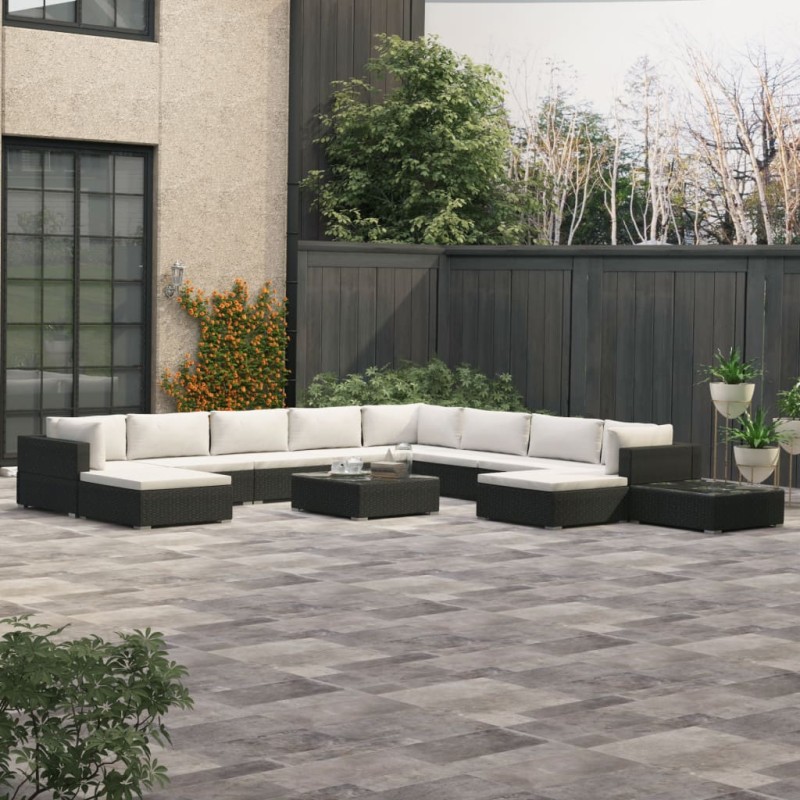 12-tlg. Garten-Lounge-Set mit Auflagen Poly Rattan Schwarz 12-tlg. Garten-Lounge-Set mit Auflagen Poly Rattan Schwarz
