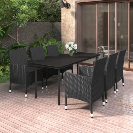 vidaXL 7-tlg. Garten-Essgruppe mit Auflagen Poly Rattan und Glas