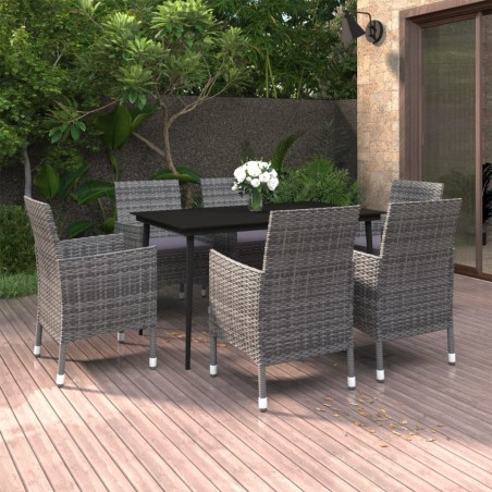 vidaXL 7-tlg. Garten-Essgruppe mit Auflagen Poly Rattan und Glas
