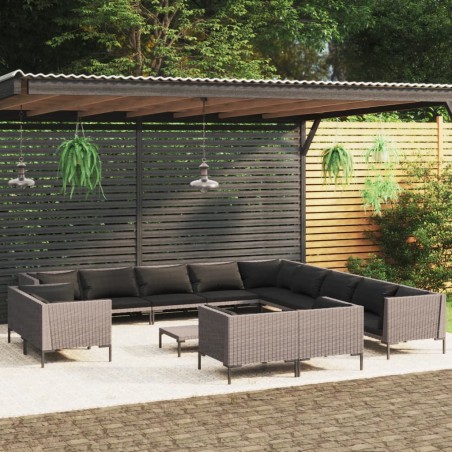 vidaXL 14-tlg. Garten-Lounge-Set mit Auflagen Poly Rattan Dunkelgrau