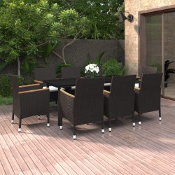 vidaXL 9-tlg. Garten-Essgruppe mit Kissen Poly Rattan und Glas